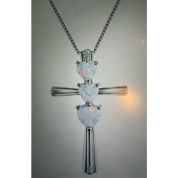 Unique WHITE OPAL HEARTS ON STERLING SILVER CROSS NECKLACE - Picture 1 of 3